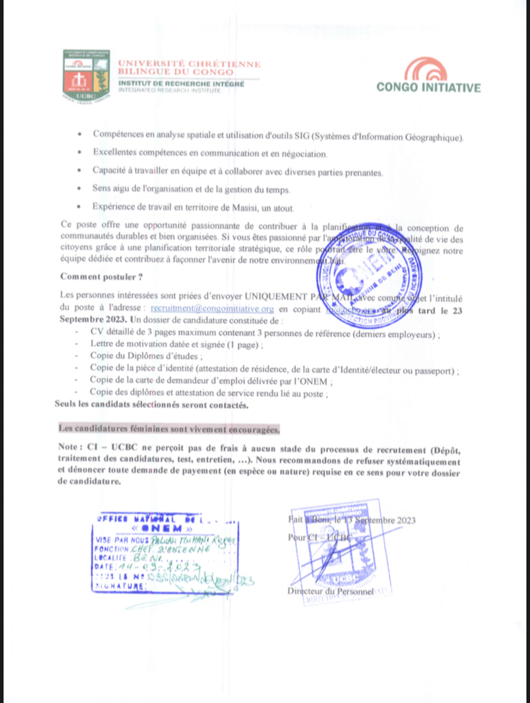 OFFRE D’EMPLOI : UCBC recrute un expert (e) en Aménagement du territoire
