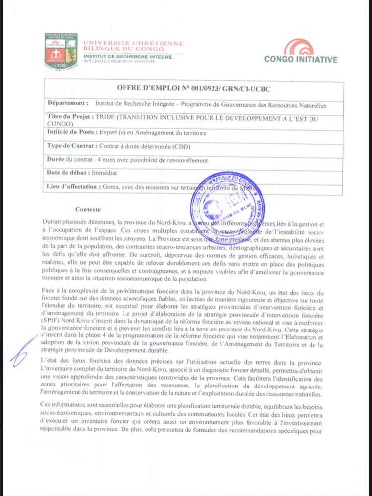 OFFRE D’EMPLOI : UCBC recrute un expert (e) en Aménagement du territoire