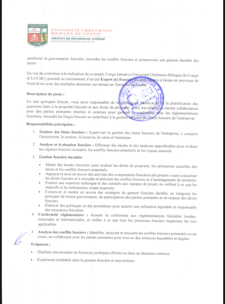 OFFRE D’EMPLOI : UCBC recrute un expert (e) foncier