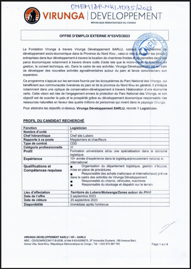 OFFRE D’EMPLOI : Virunga Développement SARLU recrute un Logisticien