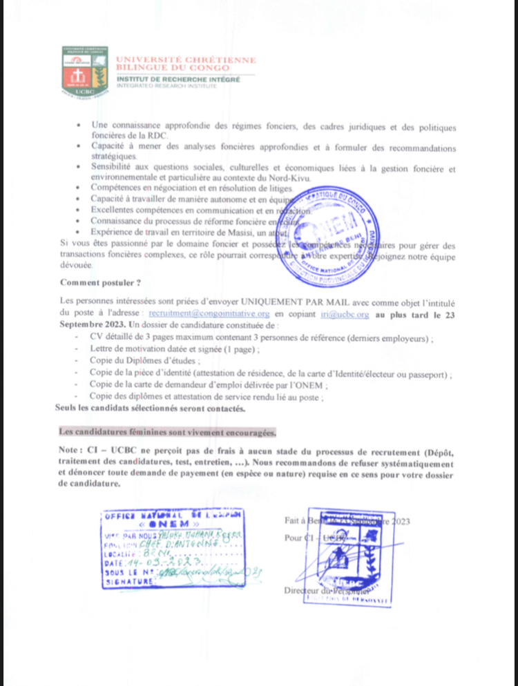 OFFRE D’EMPLOI : UCBC recrute un expert (e) foncier