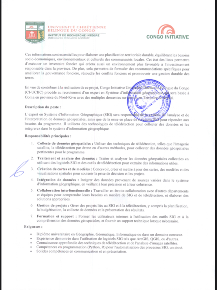 OFFRE D’EMOLOI : UCBC recrute un expert en système d’information géographique et télédétection