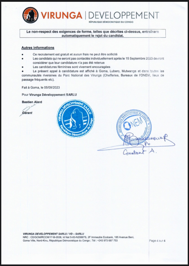 OFFRE D’EMPLOI : Virunga Développement SARLU recrute un Logisticien