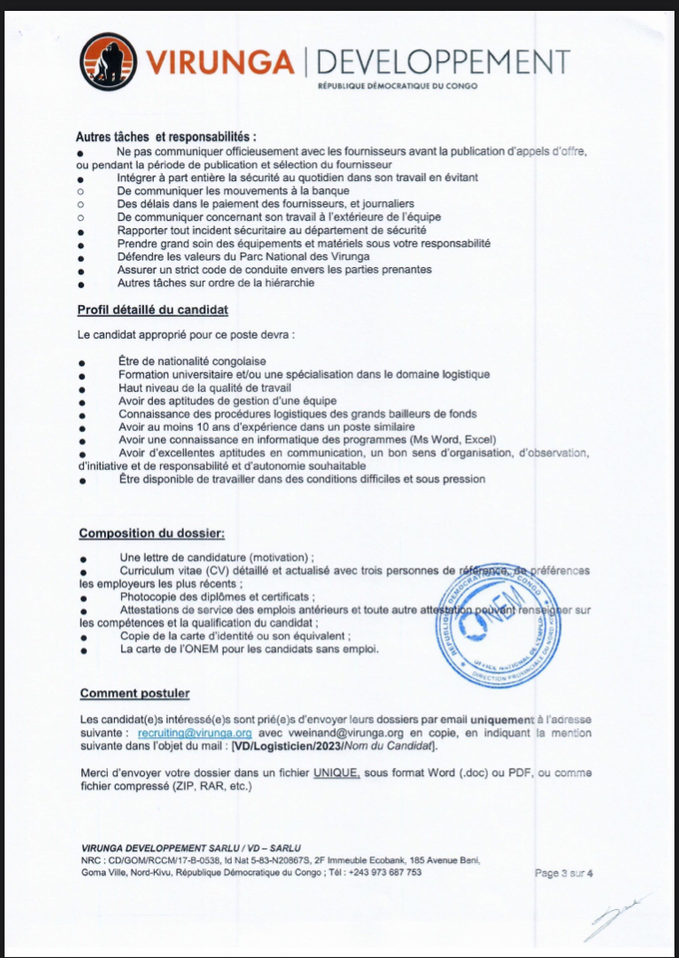 OFFRE D’EMPLOI : Virunga Développement SARLU recrute un Logisticien