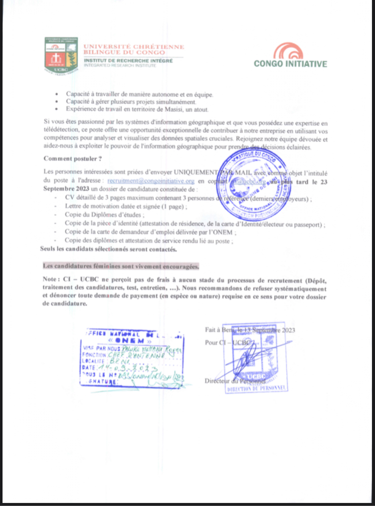 OFFRE D’EMOLOI : UCBC recrute un expert en système d’information géographique et télédétection