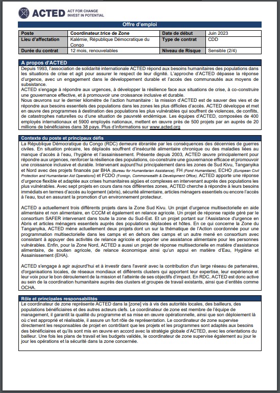 OFFRE D'EMPLOI : ACTED recrute un (e) Coordinateur.trice de Zone
