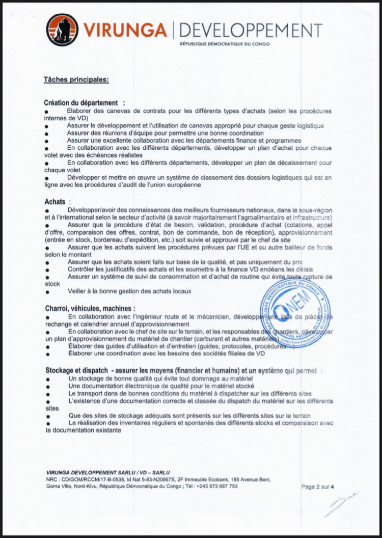 OFFRE D’EMPLOI : Virunga Développement SARLU recrute un Logisticien