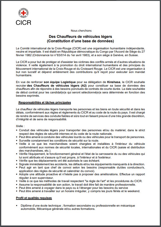 OFFRE D'EMPLOI : Le CICR recrute des Chauffeurs de véhicules légers
