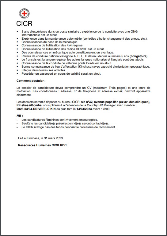 OFFRE D'EMPLOI : Le CICR recrute des Chauffeurs de véhicules légers