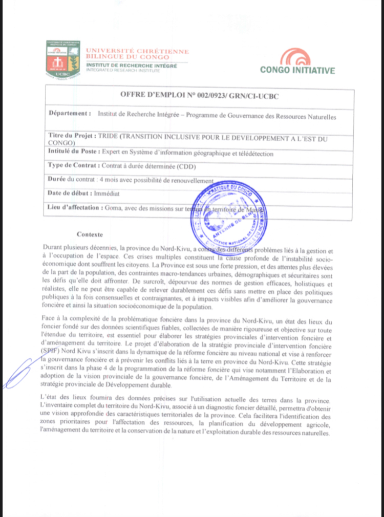 OFFRE D’EMOLOI : UCBC recrute un expert en système d’information géographique et télédétection