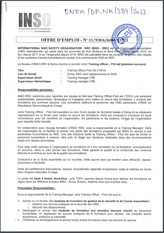 OFFRE D'EMPLOI : INSO recrute un Training officer-First Aid (TOFA)