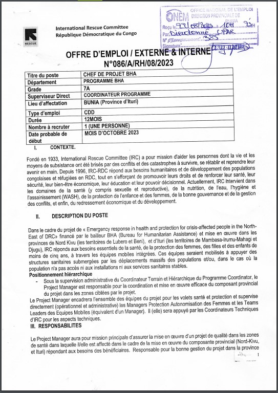 OFFRE D'EMPLOI : International Rescue Committee recrute un Chef De Projet BHA