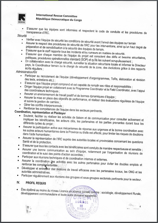 OFFRE D'EMPLOI : International Rescue Committee recrute un Chef De Projet BHA