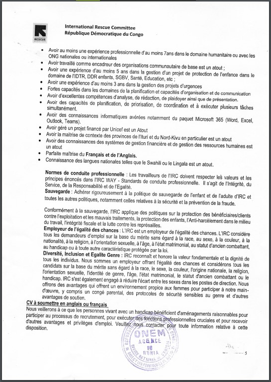 OFFRE D'EMPLOI : International Rescue Committee recrute un Chef De Projet BHA