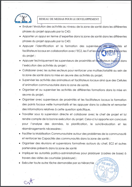 OFFRE D'EMPLOI : RE.ME.D recrute un Superviseur de Zone