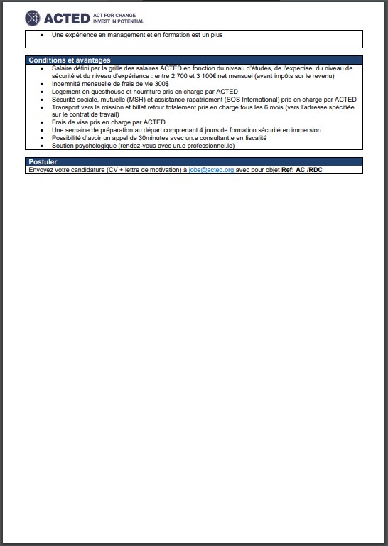 OFFRE D'EMPLOI : ACTED recrute un (e) Coordinateur.trice de Zone