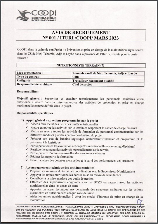 OFFRE D'EMPLOI : COOPI recrute des Nutritionniste Terrain