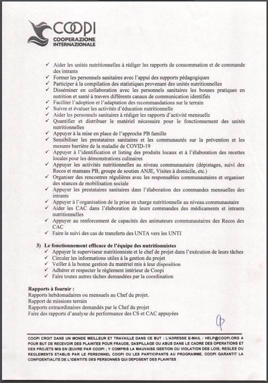OFFRE D'EMPLOI : COOPI recrute des Nutritionniste Terrain
