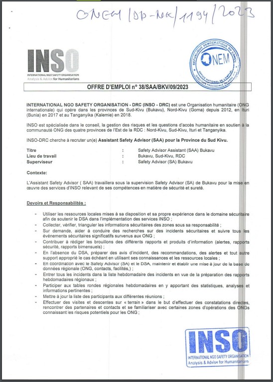 OFFRE D'EMPLOI : INSO recrute un(e) Assistant Safety Advisor (SAA) pour la province du Sud-Kivu