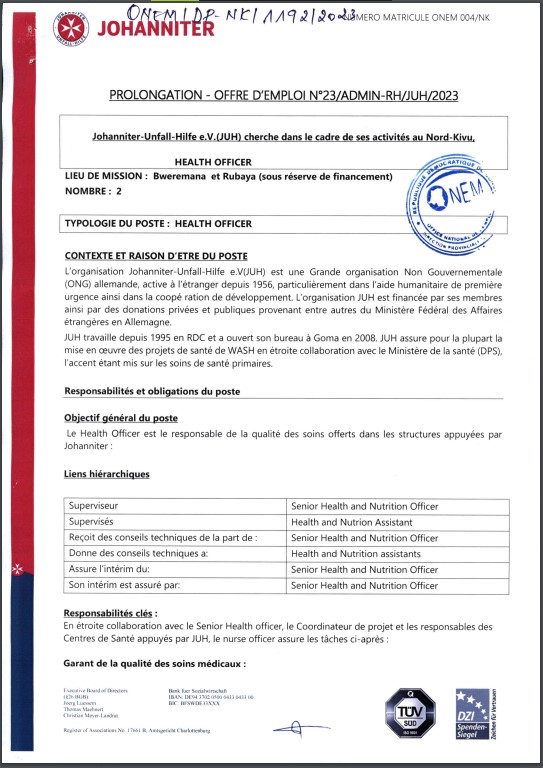 OFFRE D'EMPLOI : JOHANNITER recrute deux Health Officer