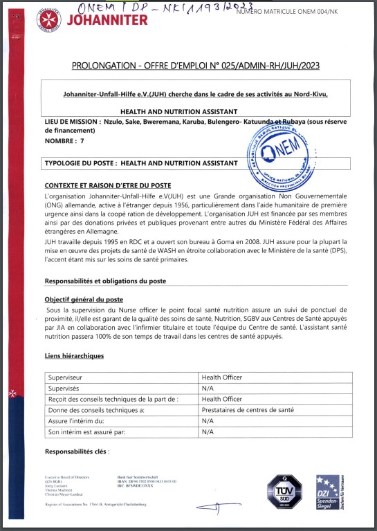 OFFRE D'EMPLOI : JOHANNITER recrute un Health And Nutrition Assistant