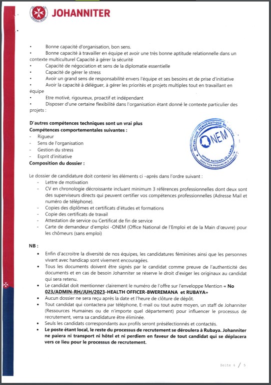 OFFRE D'EMPLOI : JOHANNITER recrute deux Health Officer