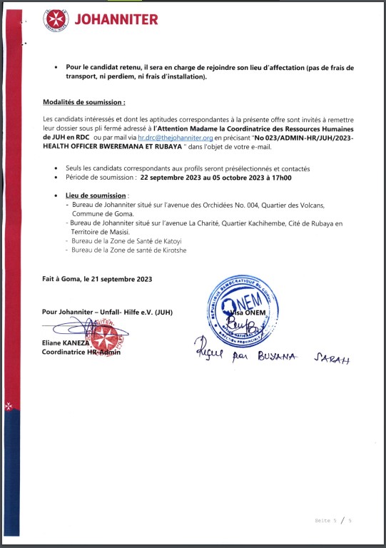 OFFRE D'EMPLOI : JOHANNITER recrute deux Health Officer