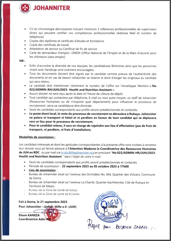 OFFRE D'EMPLOI : JOHANNITER recrute un Health And Nutrition Assistant
