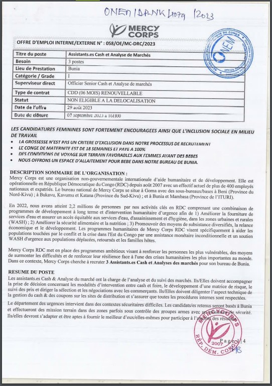 OFFRE D'EMPLOI : Mercy Corps recrute 3 Assistant(e)s en Cash et Analyse de Marchés
