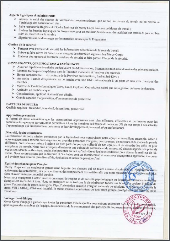 OFFRE D'EMPLOI : Mercy Corps recrute 3 Assistant(e)s en Cash et Analyse de Marchés