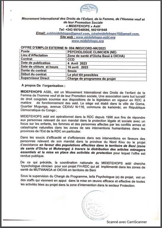 OFFRE D'EMPLOI : MIDEFEHOPS recrute un (e) PSYCHOLOGUE CLINICIEN (NE)