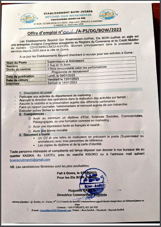 OFFRE D'EMPLOI : BEYOND OUR WEAKNESSES recrute des Superviseurs et Animateurs