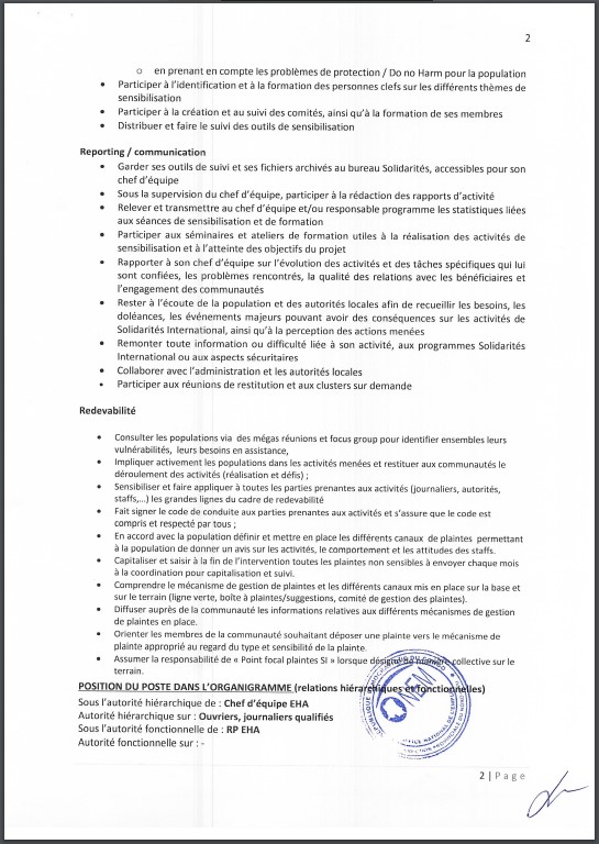 OFFRE D'EMPLOI : SOLIDARITES INTERNATIONAL recrute un Agent Sensibilisateur EHA