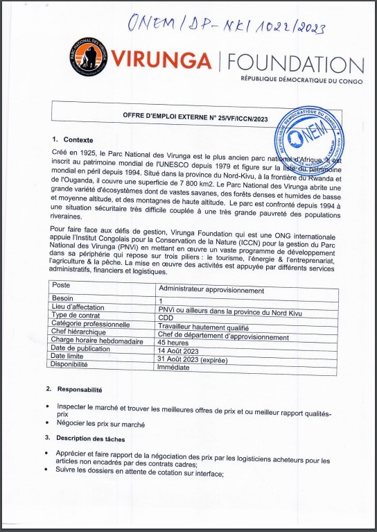 OFFRE D'EMPLOI : VIRUNGA FONDATION un Administrateur approvisionnement